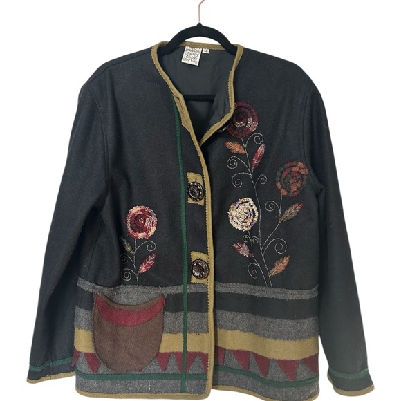 Parsley And Sage Art To Wear Sz M Wool Floral Embroidered Jacket Lagenlook Artsy - Picture 1 of 7